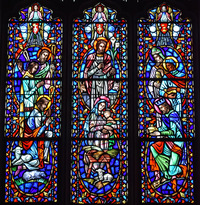 Three Shepherds, left; Mary, Joseph, and Jesus, center; Three Wise Men, right