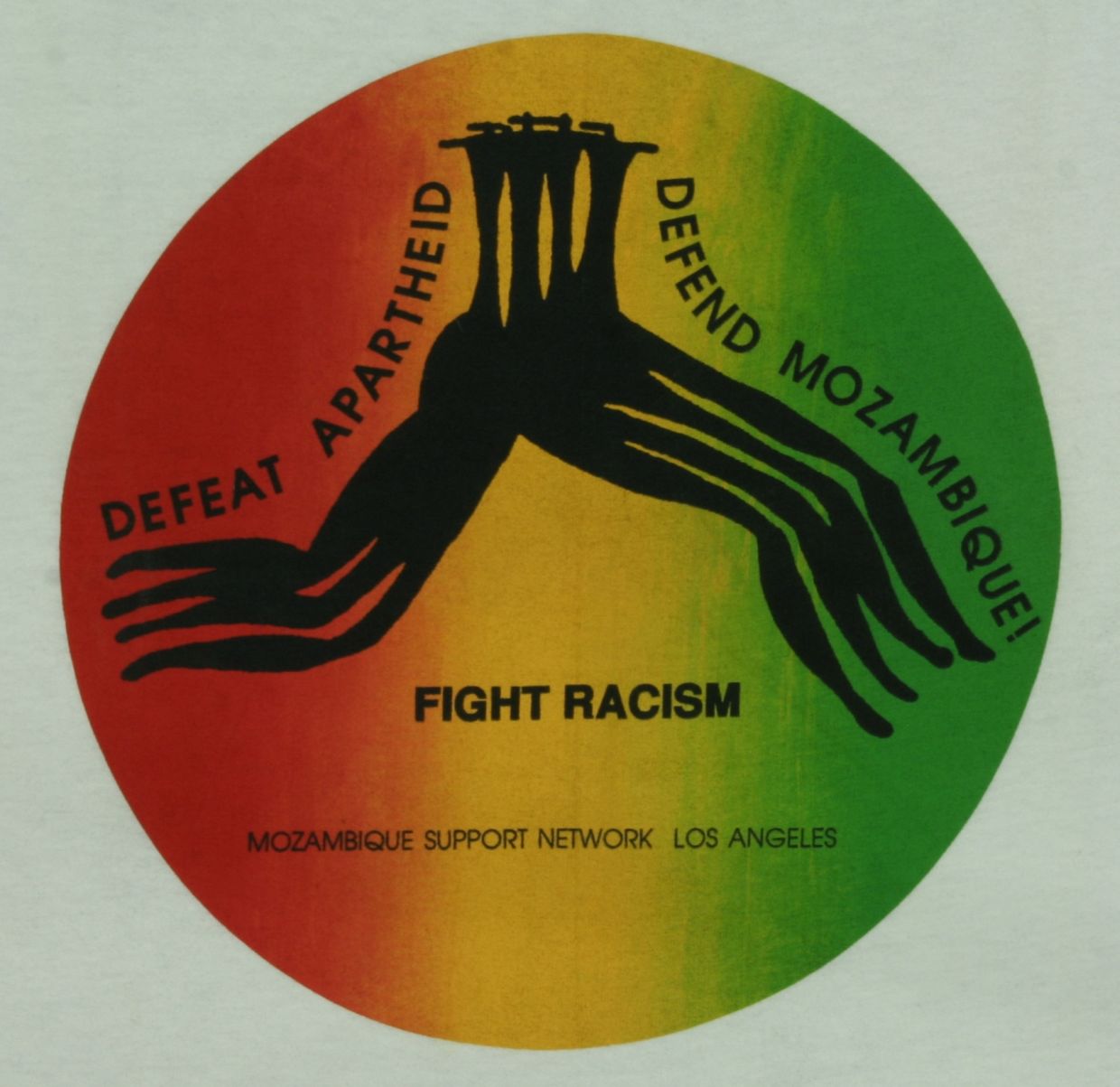 The T-shirt design, by Rachel Chapman, shows four black, abstract figures leaping together across a circle with a horizontal pattern of red, yellow, and green. The T-shirt was also produced with a white design on black. The &ldquo;Baobab News&rdquo; December 1992 / January 1993 issue (available on this website) announced that the shirt was available for sale.