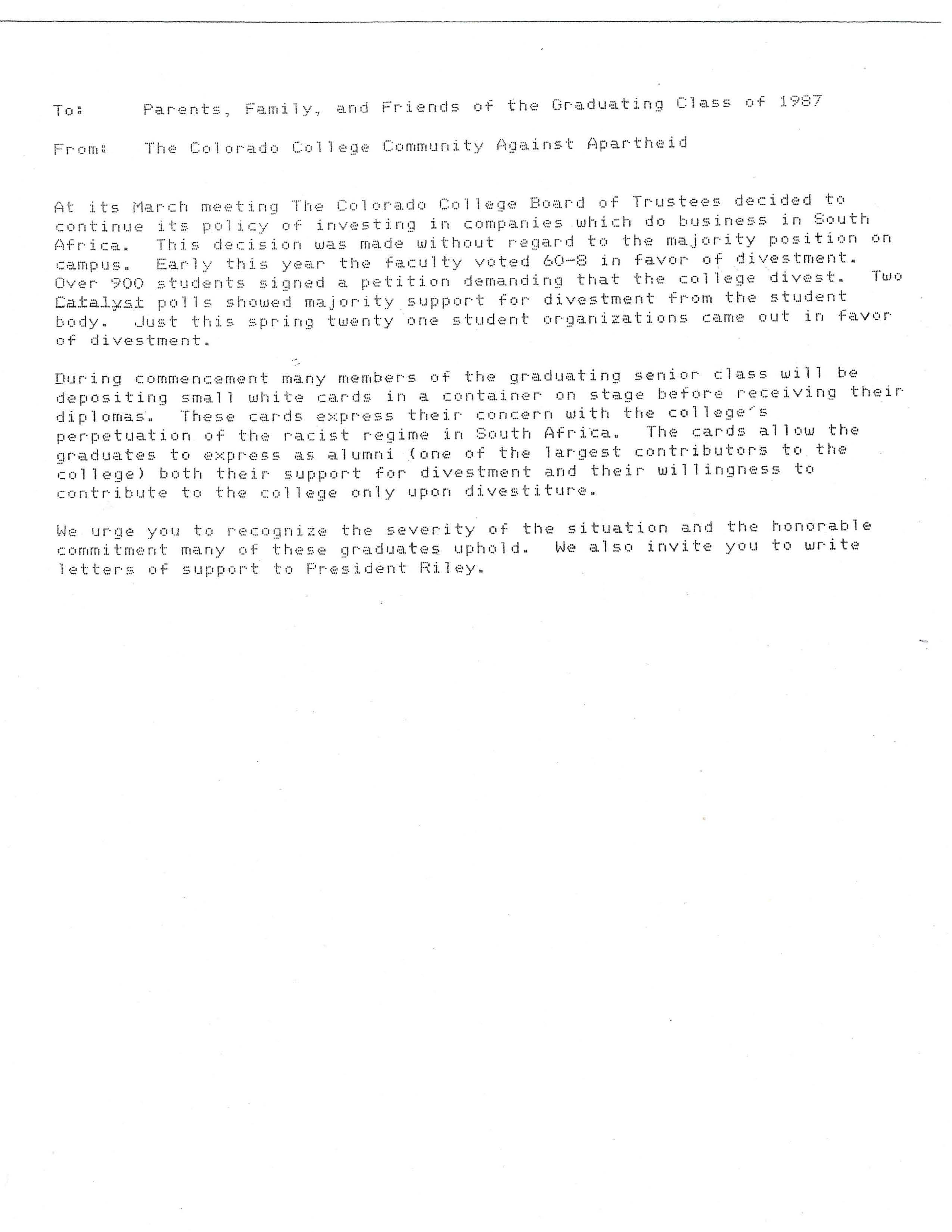 Page 1 of the Memorandum, To: Parents, Family, and Friends of the Graduating Class of 1987