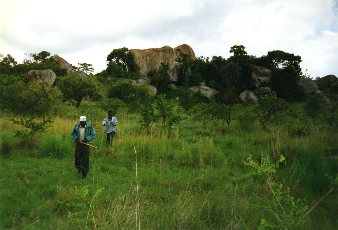 Photograph of Makuru Nyang'aka (left) walking across a field with another man